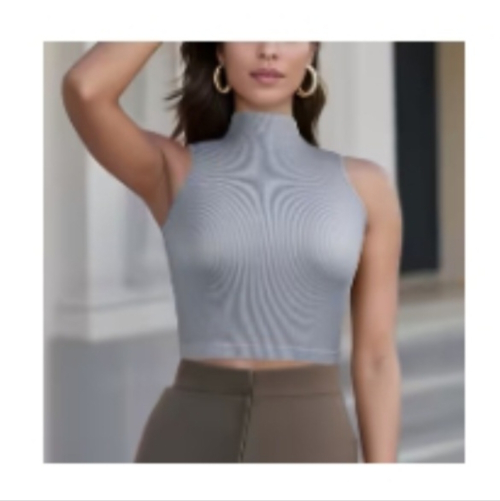 Women Gray Ribbed Mock Neck Sleveless Crop Top